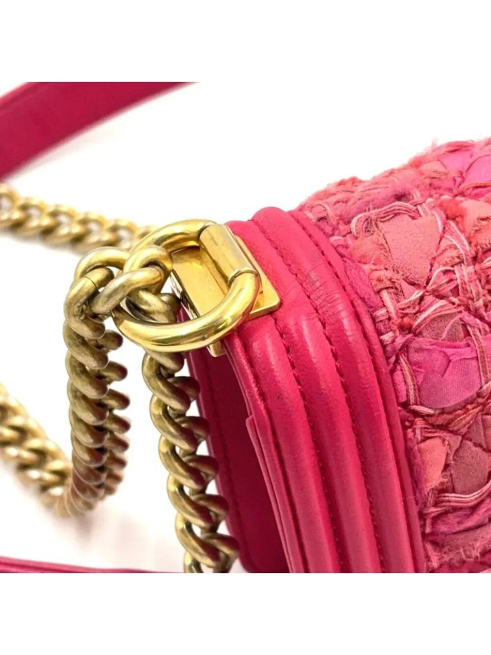 Chanel Boy Small Tweed Lambskin Pink Chain Shoulder Bag Gold